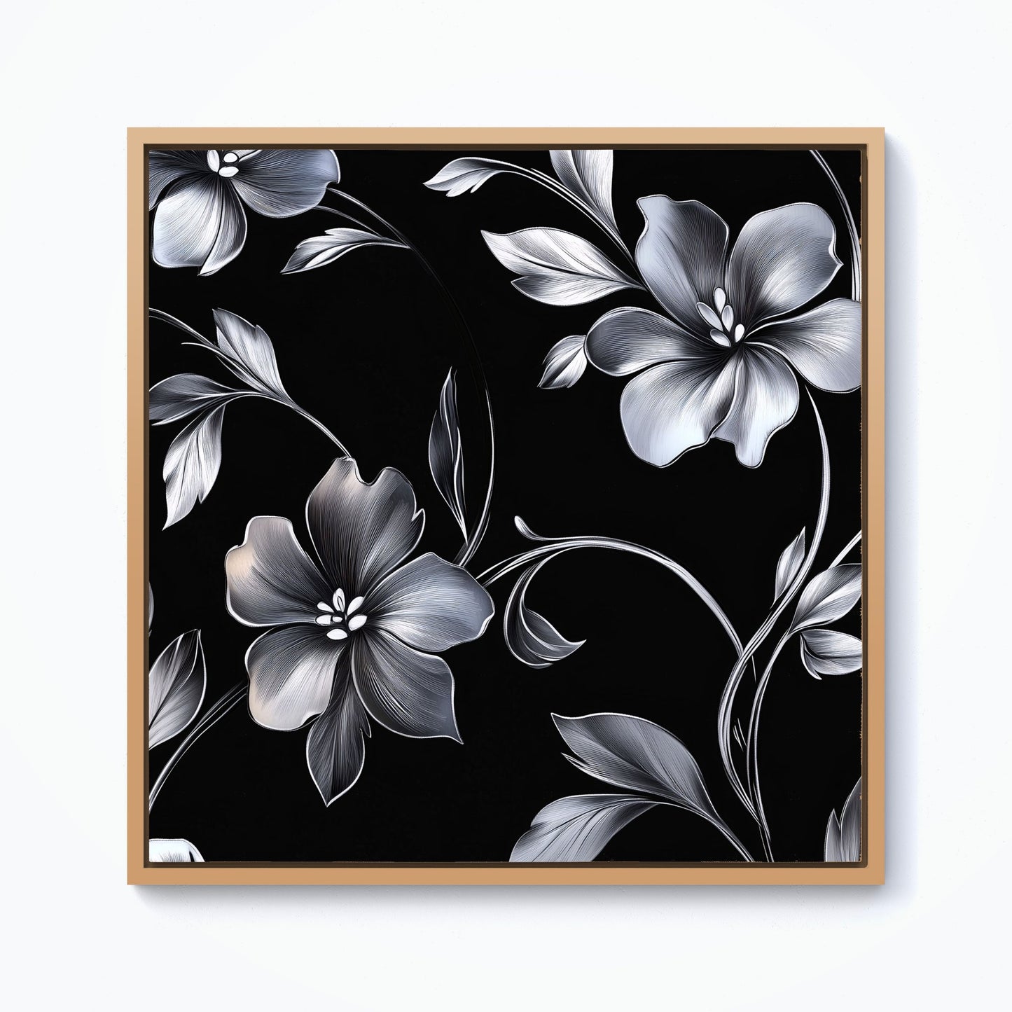Metallic Effect Leaves And Flowers Framed Canvas