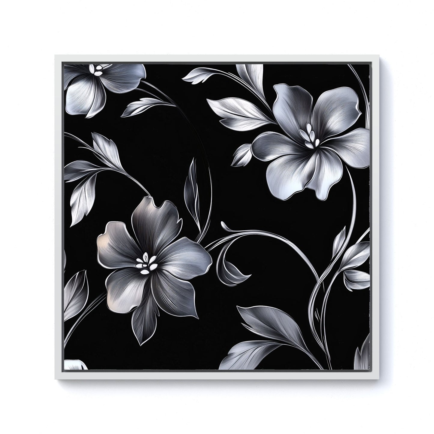 Metallic Effect Leaves And Flowers Framed Canvas