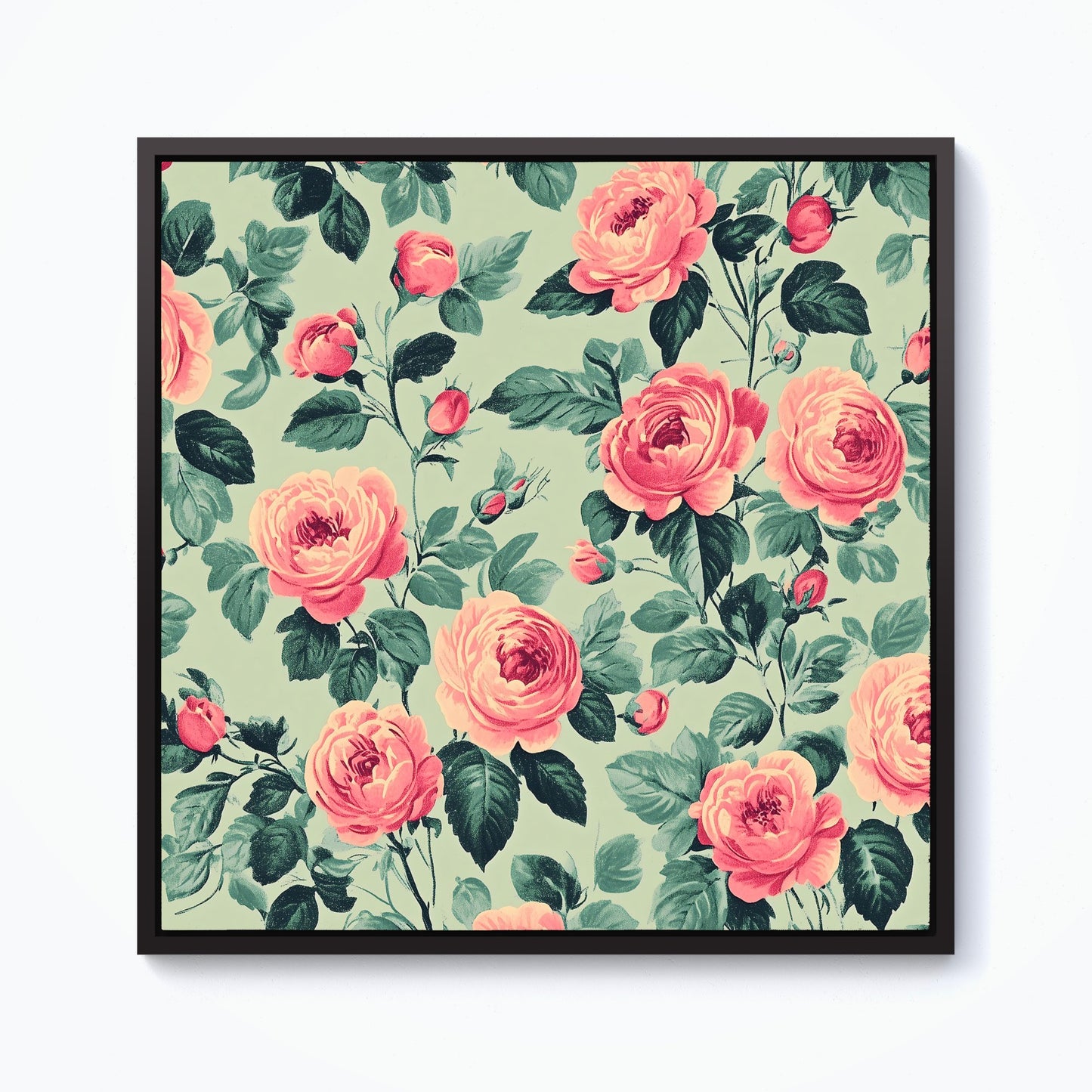 Sage Green And Pink Roses Framed Canvas