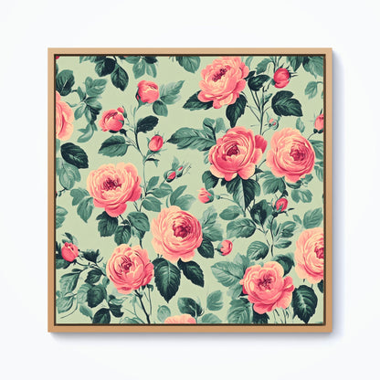 Sage Green And Pink Roses Framed Canvas