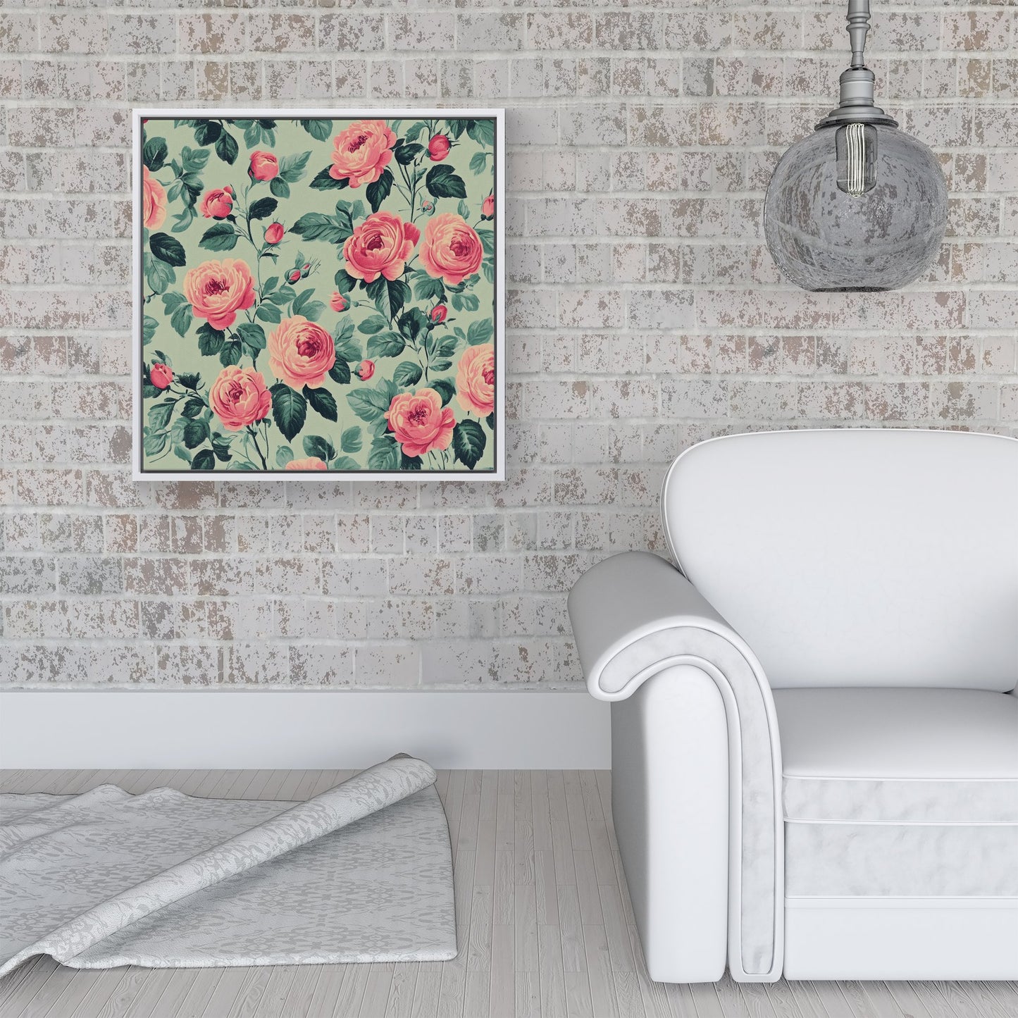 Sage Green And Pink Roses Framed Canvas