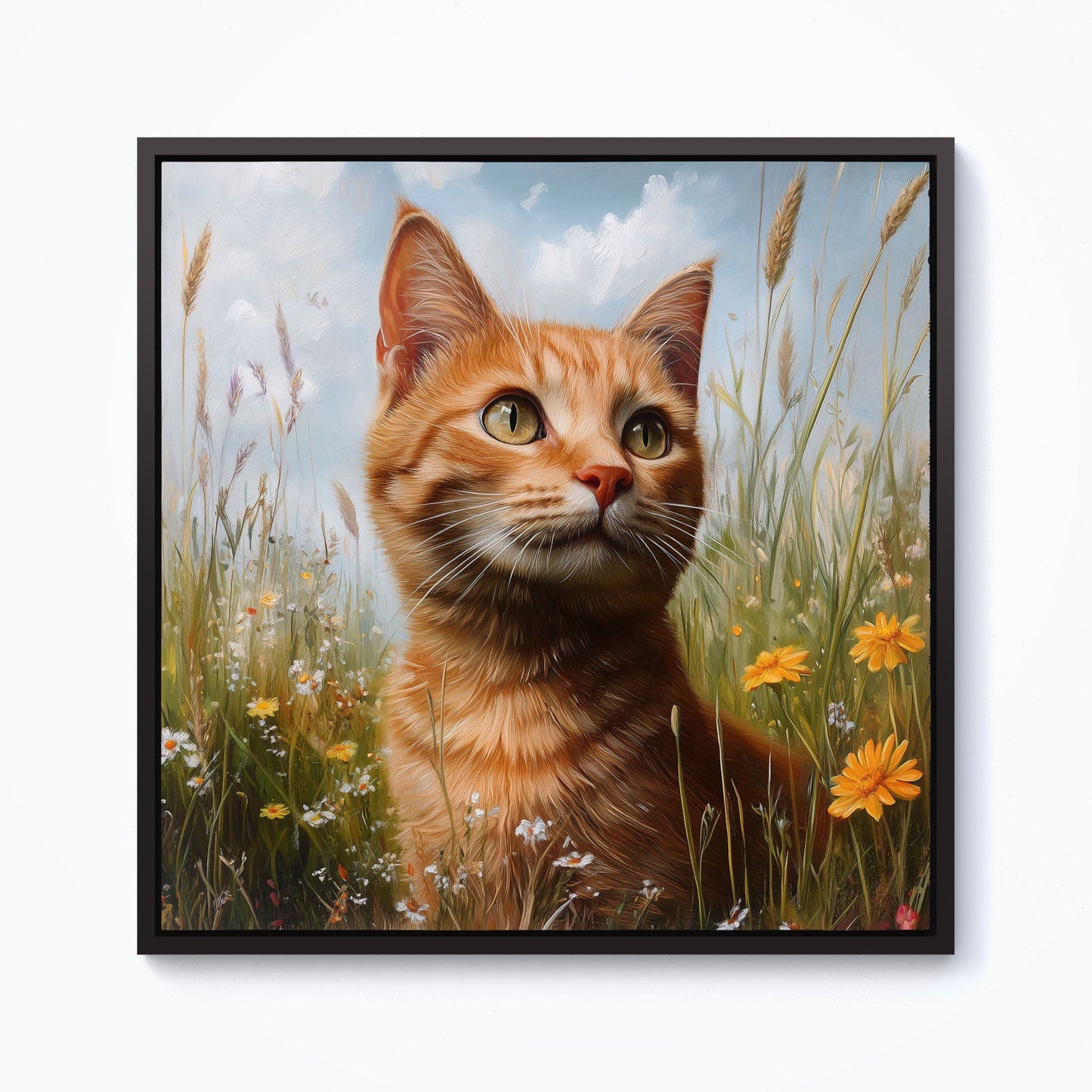 Happy Short Haired Ginger Cat In A Spring Meadow Framed Canvas