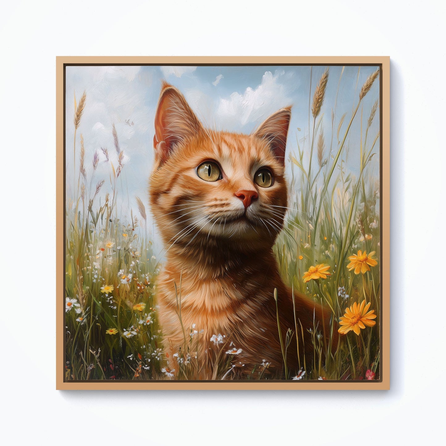 Happy Short Haired Ginger Cat In A Spring Meadow Framed Canvas