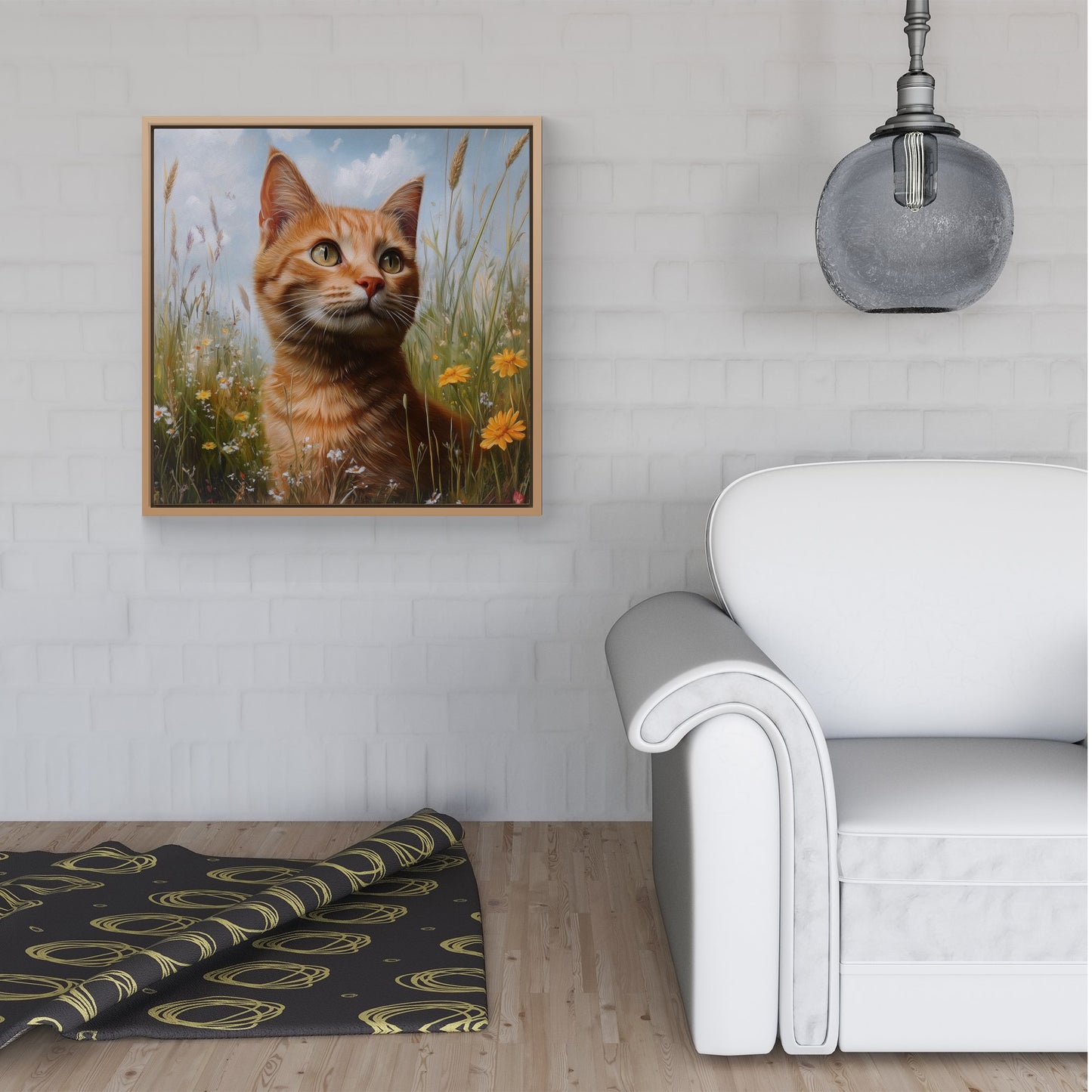 Happy Short Haired Ginger Cat In A Spring Meadow Framed Canvas