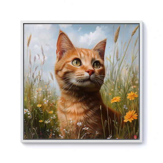 Happy Short Haired Ginger Cat In A Spring Meadow Framed Canvas
