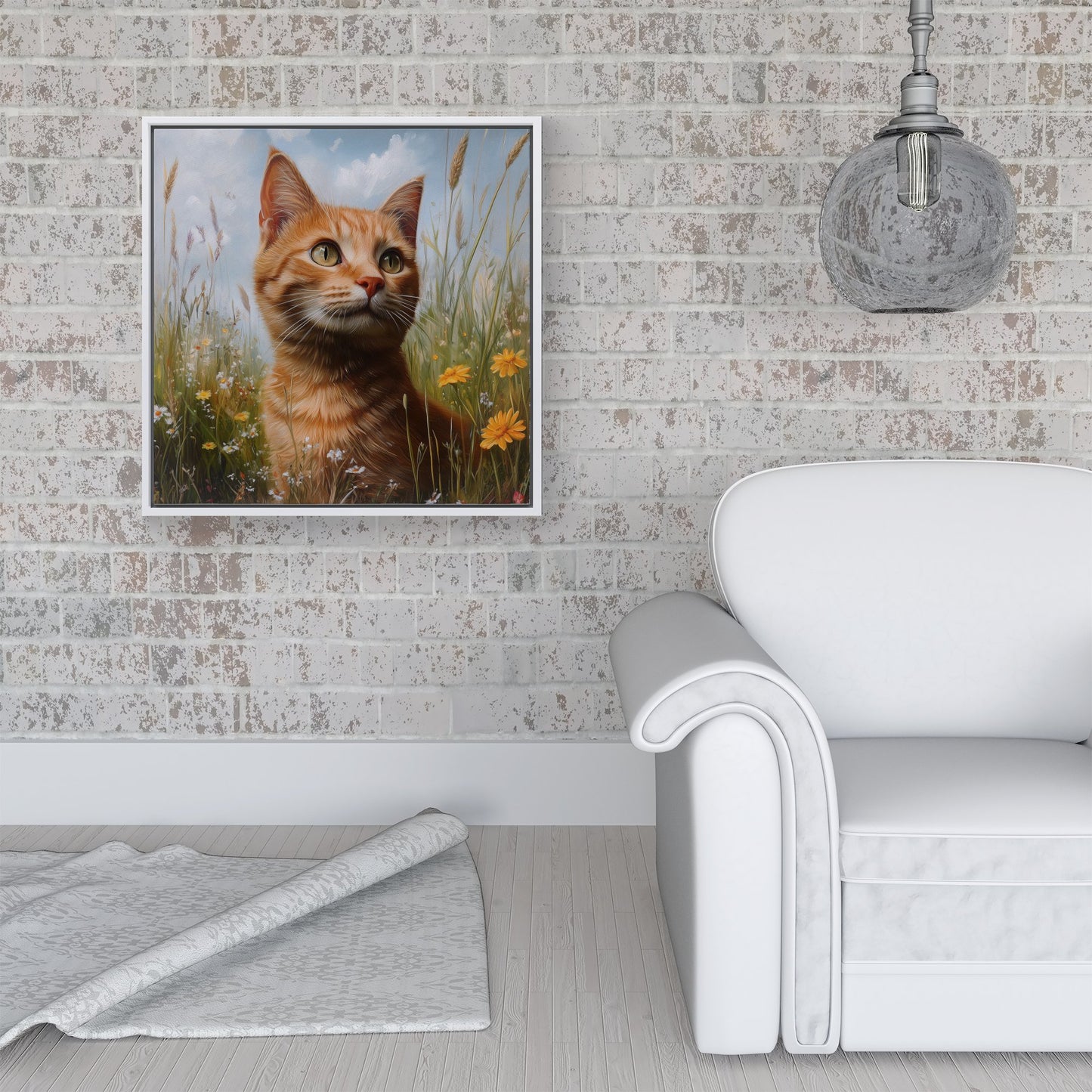 Happy Short Haired Ginger Cat In A Spring Meadow Framed Canvas