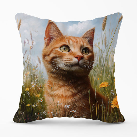 Happy Short Haired Ginger Cat In A Spring Meadow Cushions
