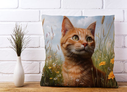 Happy Short Haired Ginger Cat In A Spring Meadow Cushions