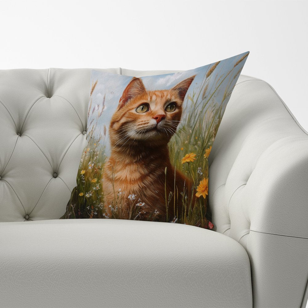 Happy Short Haired Ginger Cat In A Spring Meadow Cushions