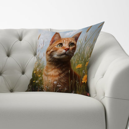 Happy Short Haired Ginger Cat In A Spring Meadow Cushions