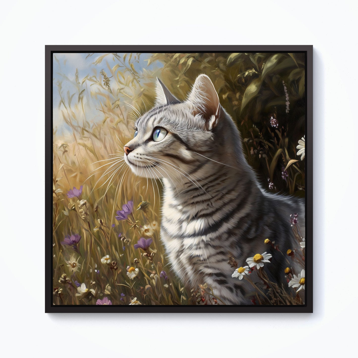 Silver Tabby Cat In A Spring Meadow Framed Canvas