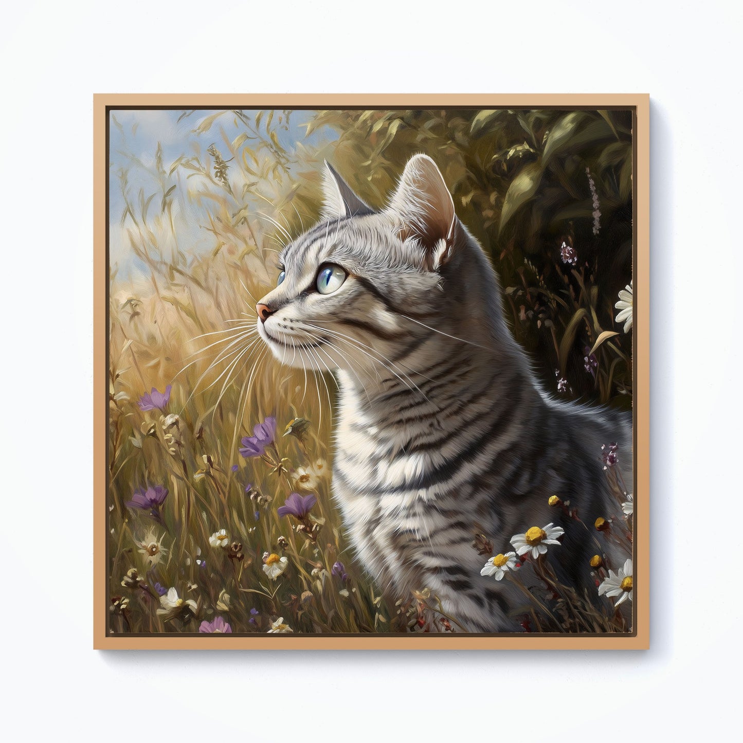 Silver Tabby Cat In A Spring Meadow Framed Canvas