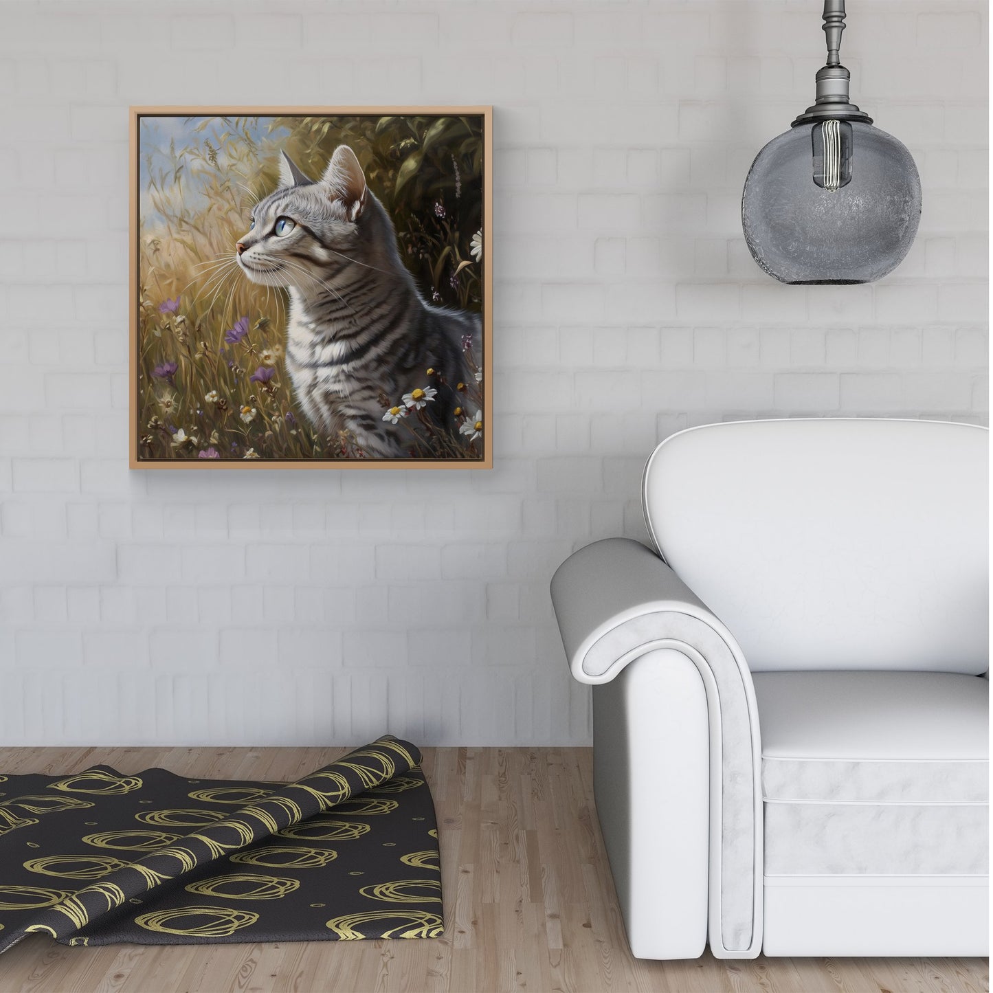 Silver Tabby Cat In A Spring Meadow Framed Canvas