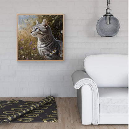 Silver Tabby Cat In A Spring Meadow Framed Canvas