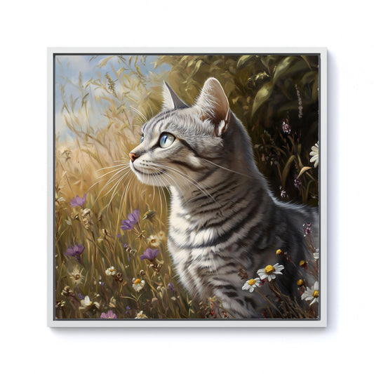 Silver Tabby Cat In A Spring Meadow Framed Canvas
