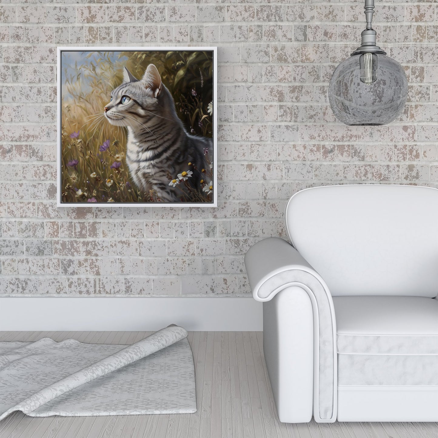 Silver Tabby Cat In A Spring Meadow Framed Canvas