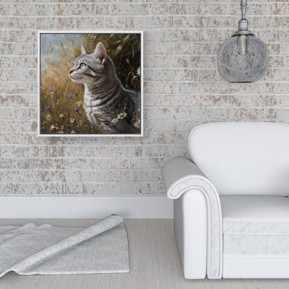 Silver Tabby Cat In A Spring Meadow Framed Canvas
