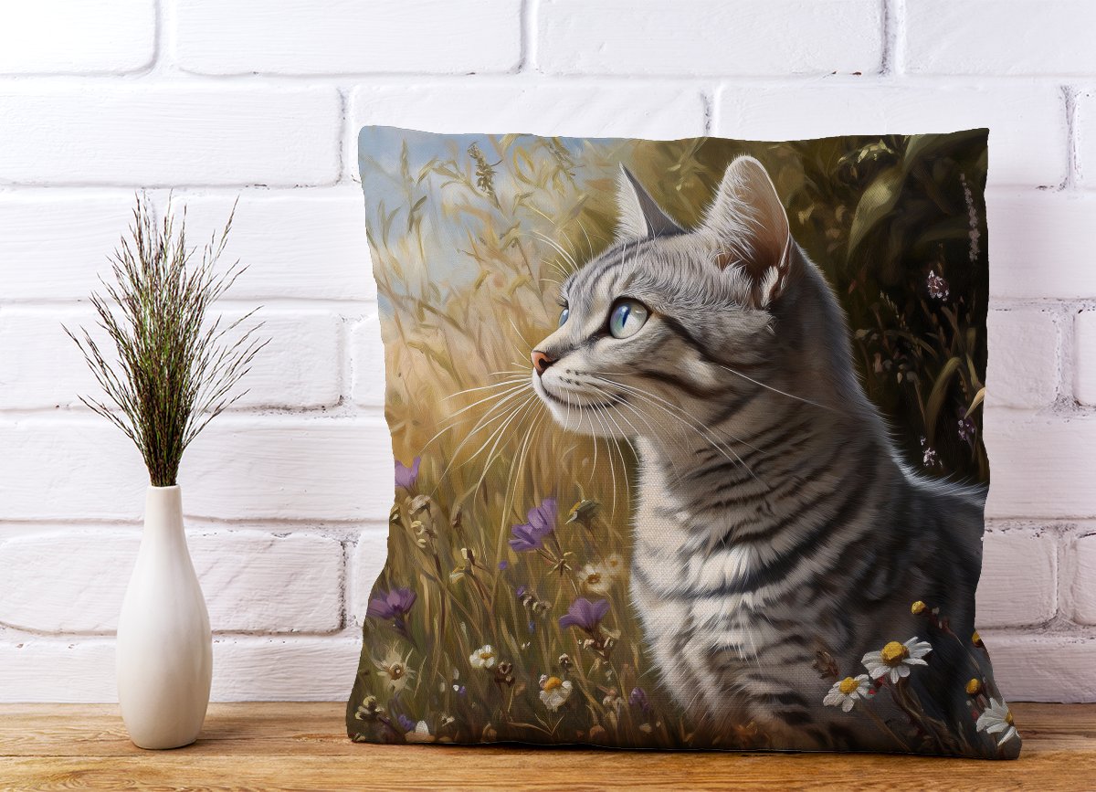 Silver Tabby Cat In A Spring Meadow Cushions