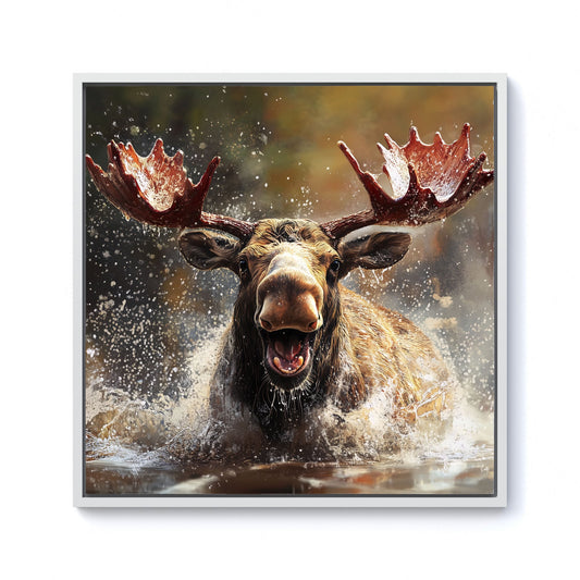 Splashart Moose Enjoying A Swim Framed Canvas