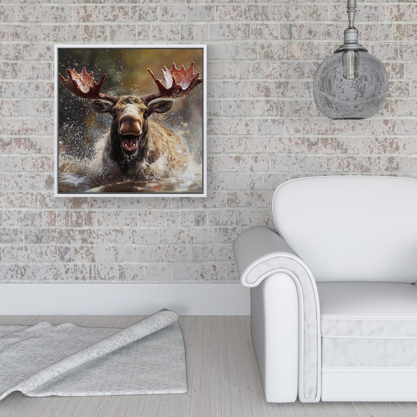 Splashart Moose Enjoying A Swim Framed Canvas