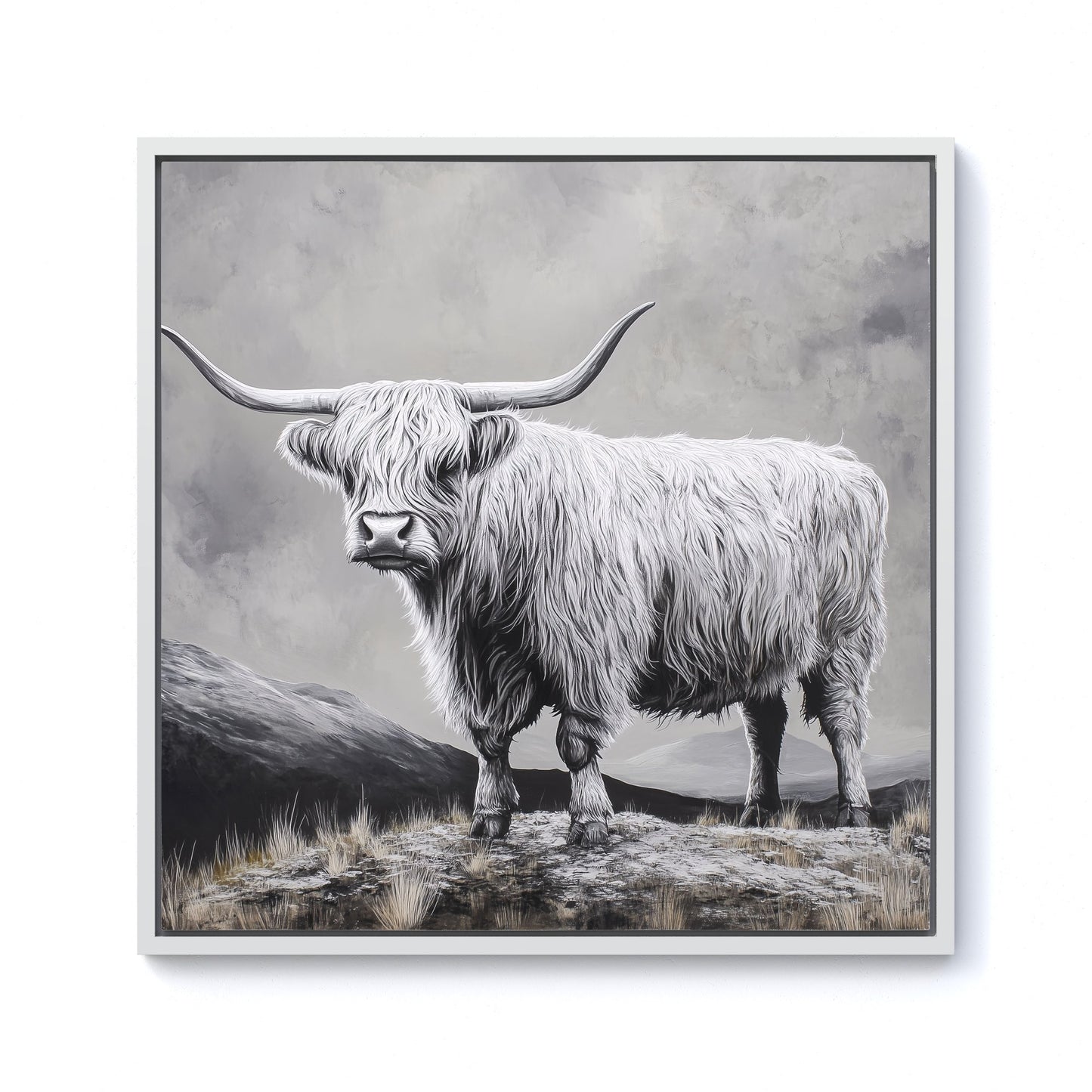 Ice Silver Highland Cow Framed Canvas