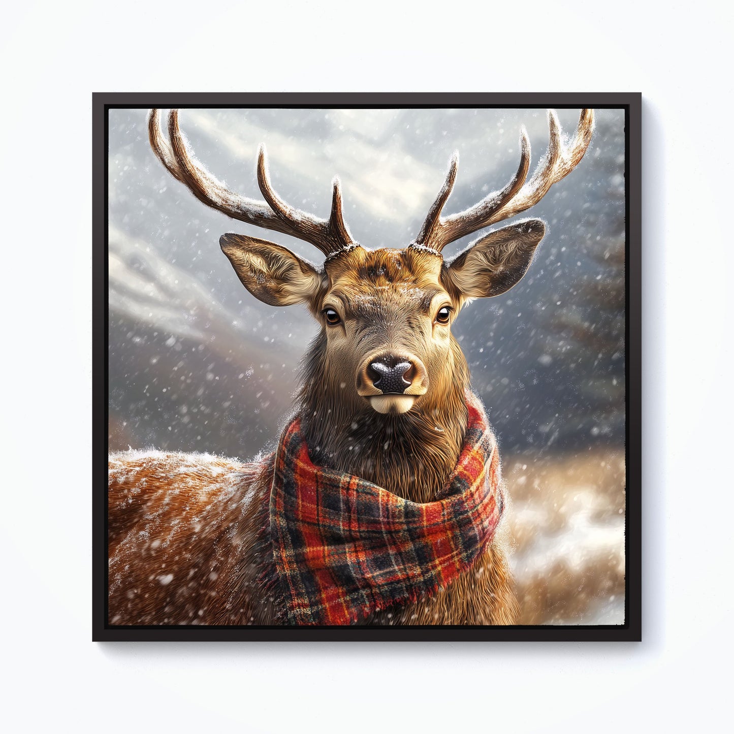 Scottish Red Deer In A Tartan Scarf Framed Canvas