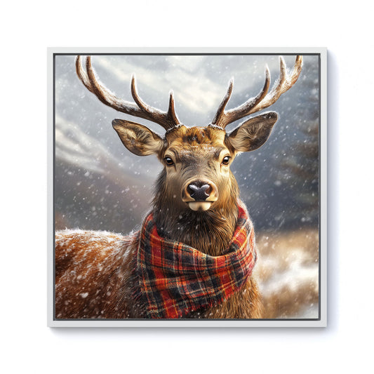 Scottish Red Deer In A Tartan Scarf Framed Canvas