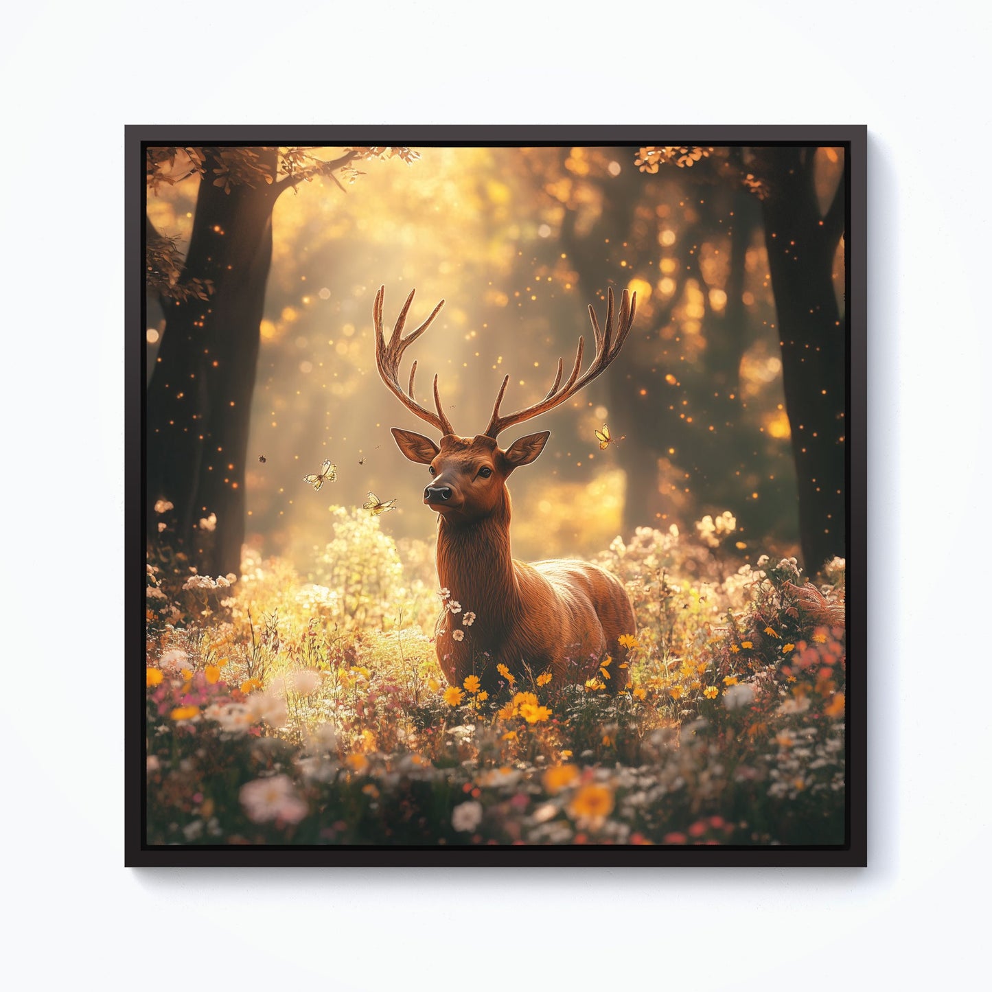 Stag Surrounded By Woodland Flowers Framed Canvas