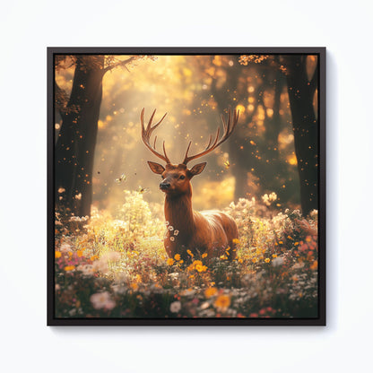 Stag Surrounded By Woodland Flowers Framed Canvas