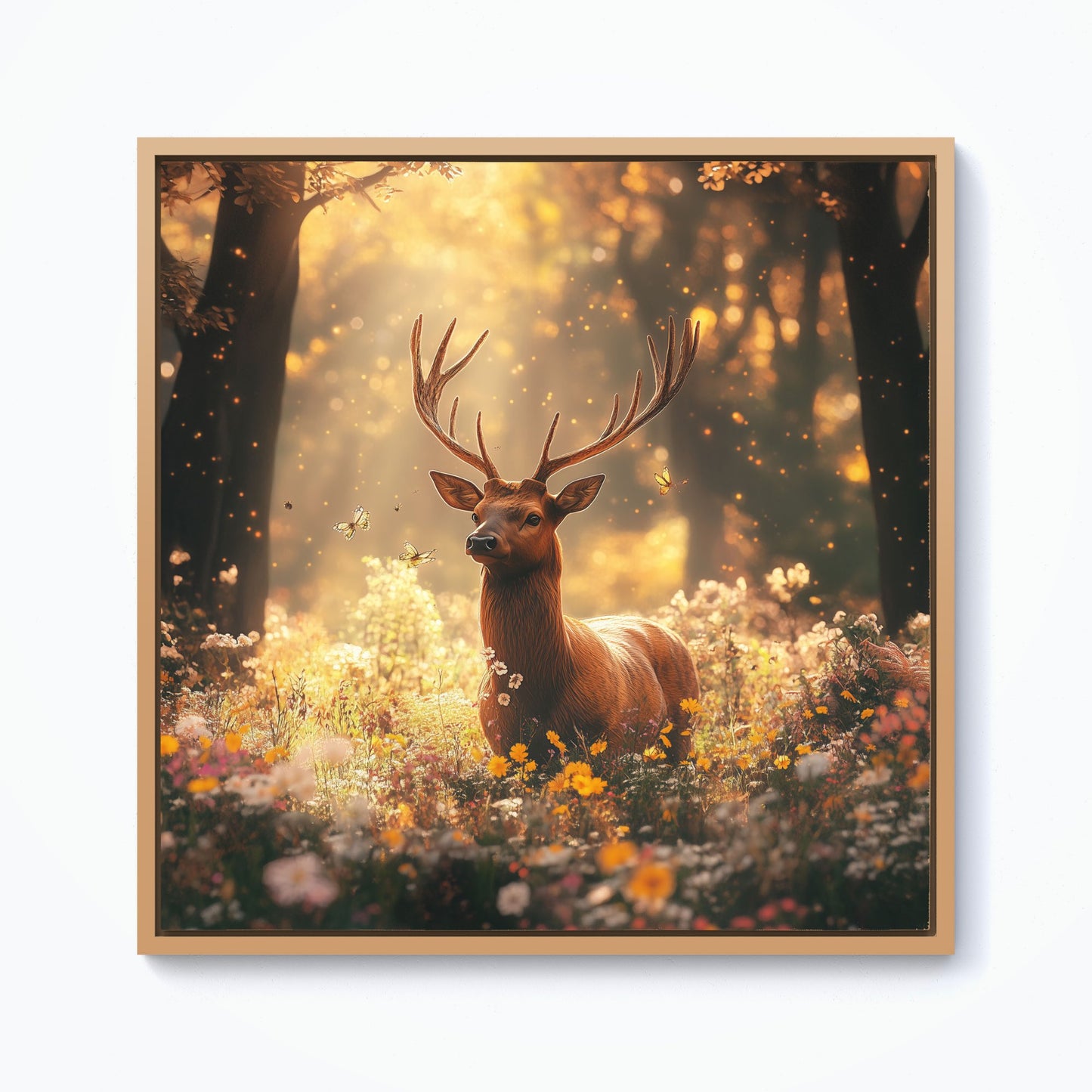 Stag Surrounded By Woodland Flowers Framed Canvas