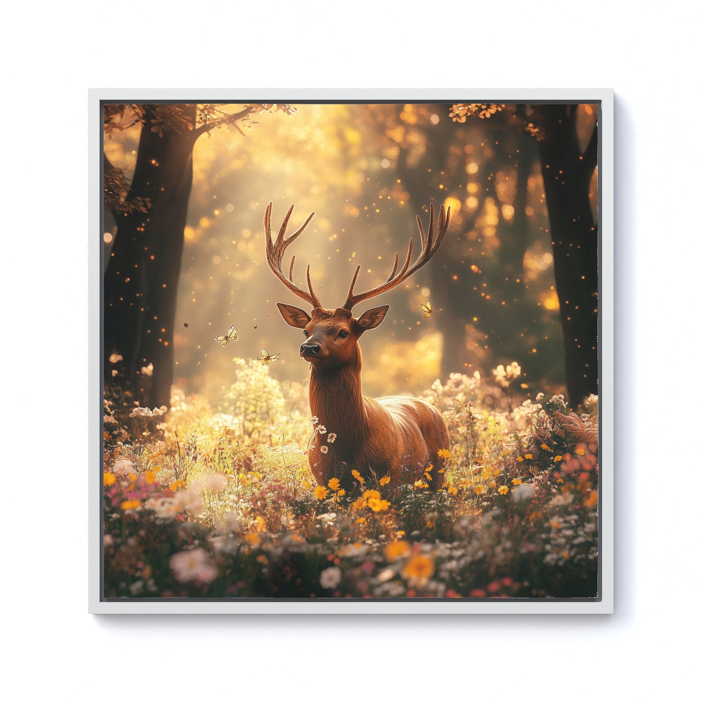 Stag Surrounded By Woodland Flowers Framed Canvas