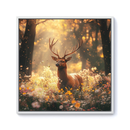Stag Surrounded By Woodland Flowers Framed Canvas