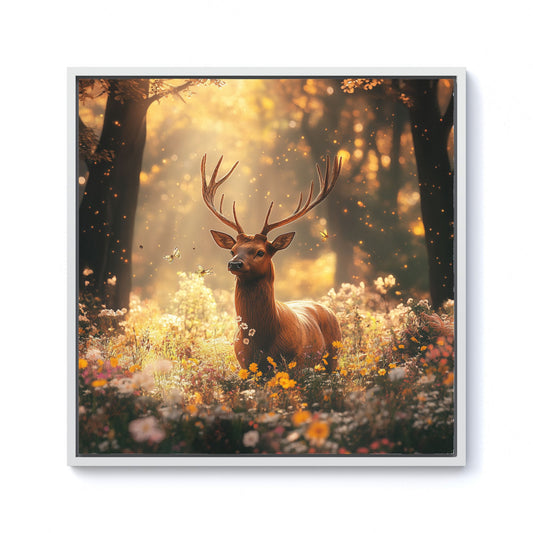 Stag Surrounded By Woodland Flowers Framed Canvas