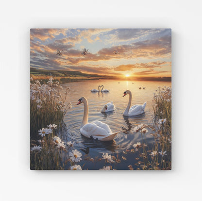 Swans At Sunset In A Beautiful Lake Canvas