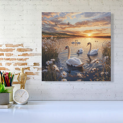 Swans At Sunset In A Beautiful Lake Canvas