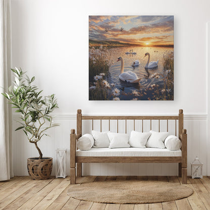 Swans At Sunset In A Beautiful Lake Canvas