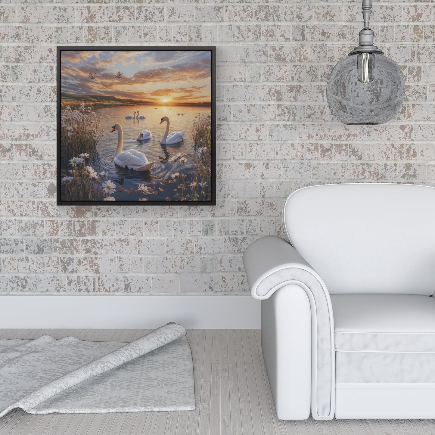 Swans At Sunset In A Beautiful Lake Framed Canvas