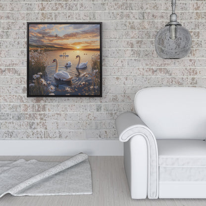 Swans At Sunset In A Beautiful Lake Framed Canvas