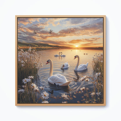 Swans At Sunset In A Beautiful Lake Framed Canvas