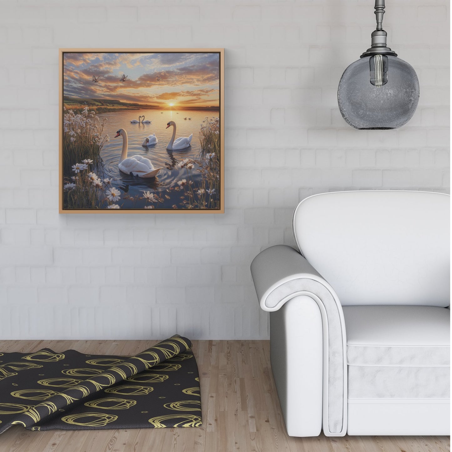 Swans At Sunset In A Beautiful Lake Framed Canvas
