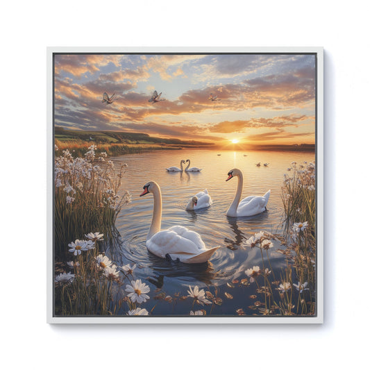 Swans At Sunset In A Beautiful Lake Framed Canvas