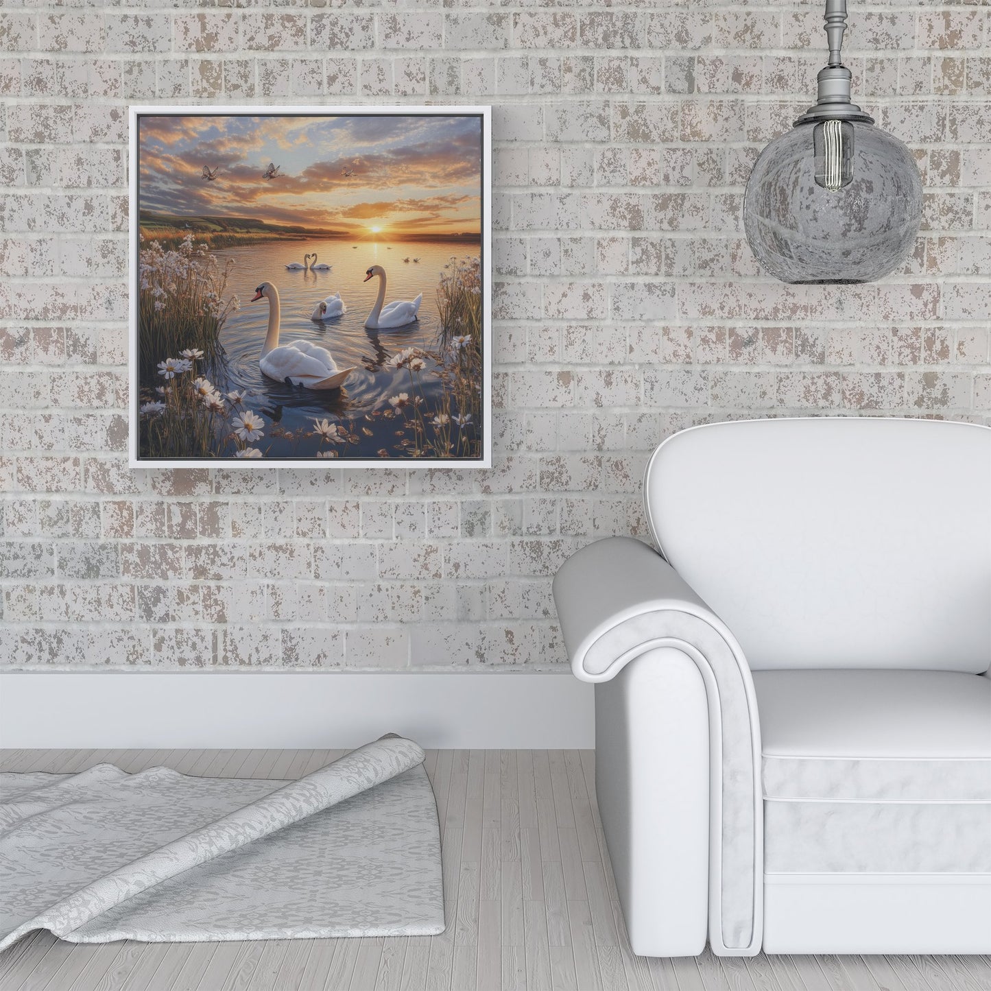 Swans At Sunset In A Beautiful Lake Framed Canvas