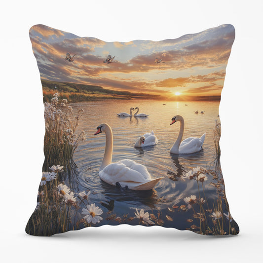 Swans At Sunset In A Beautiful Lake Cushions