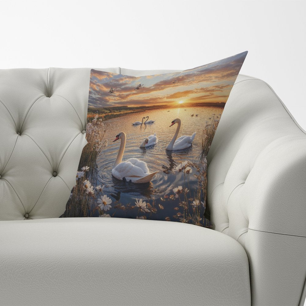 Swans At Sunset In A Beautiful Lake Cushions