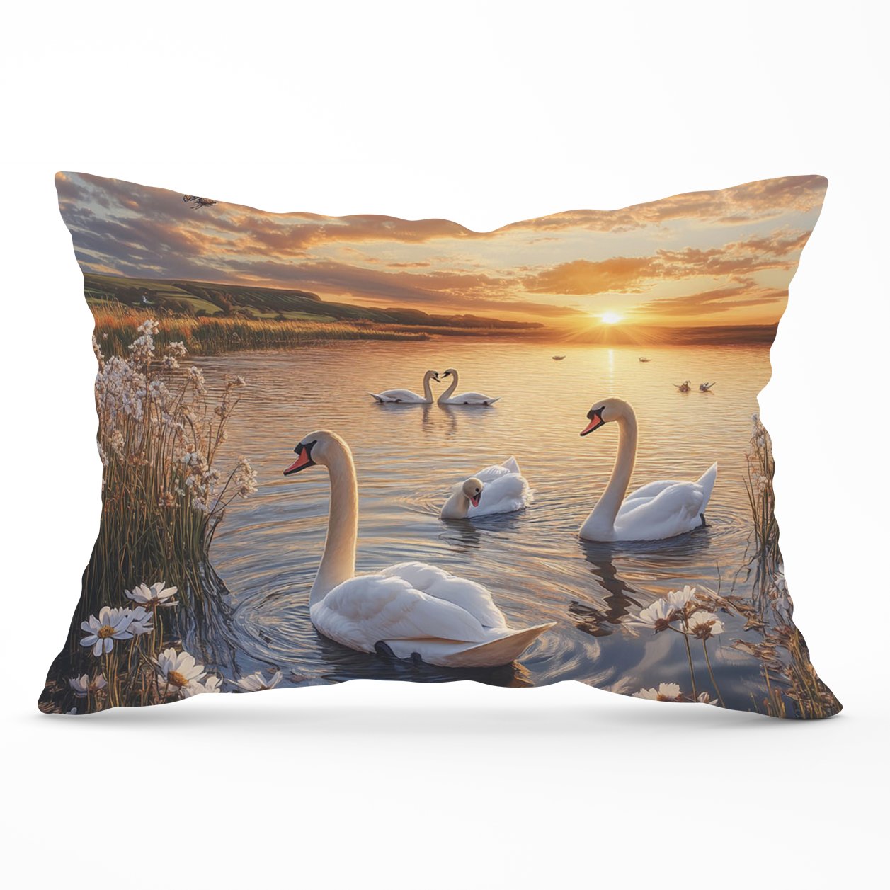 Swans At Sunset In A Beautiful Lake Cushions