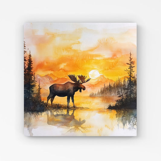 Watercolour Moose At Sunset Canvas