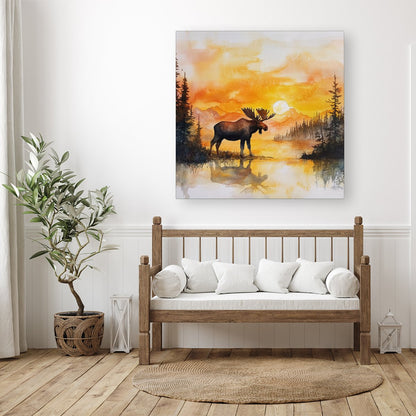 Watercolour Moose At Sunset Canvas