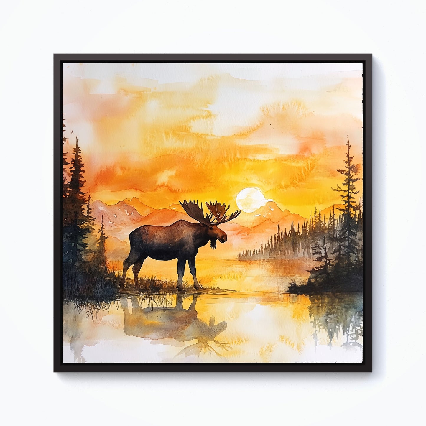 Watercolour Moose At Sunset Framed Canvas