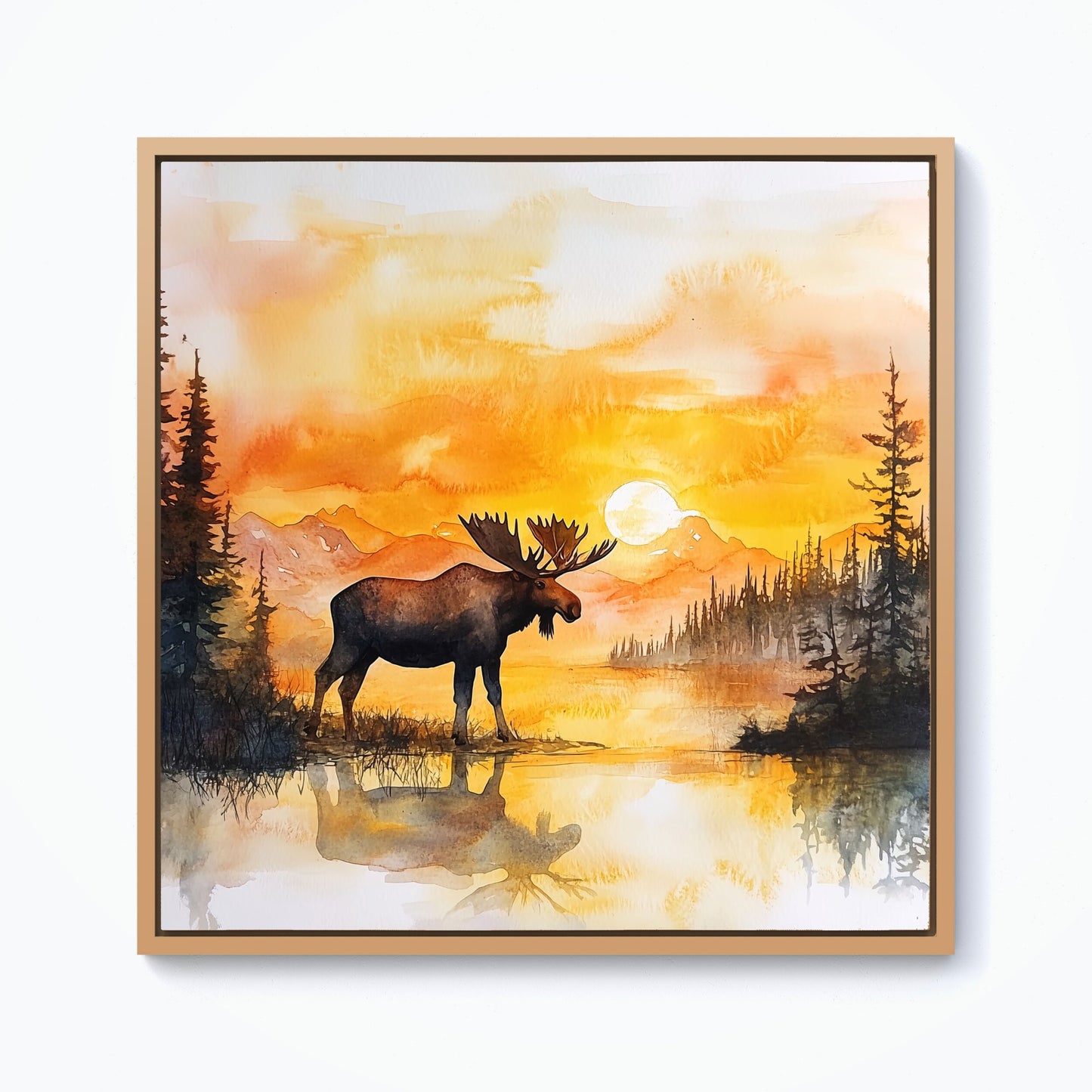 Watercolour Moose At Sunset Framed Canvas