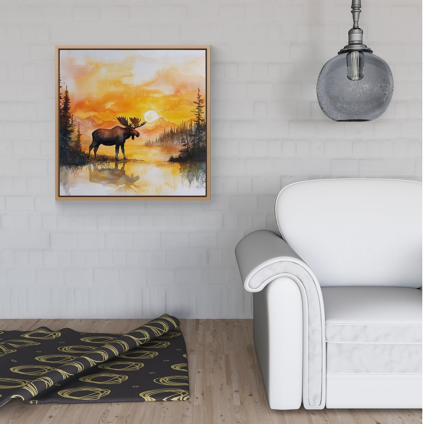 Watercolour Moose At Sunset Framed Canvas